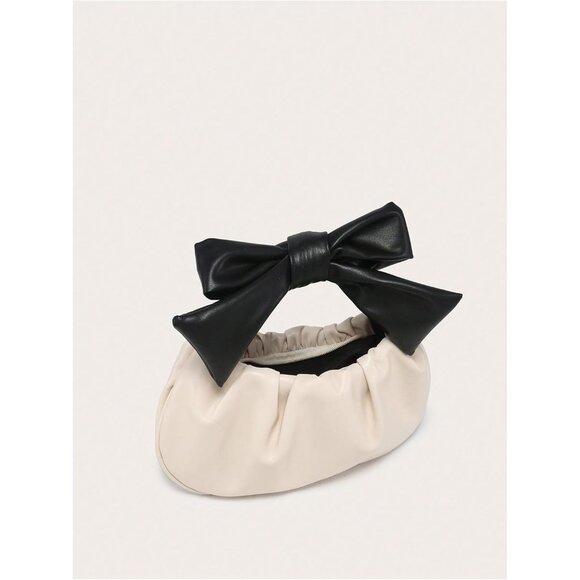 Women's Apricot PU Leather Ruched Hobo Handbag with Bow Top Handle, Zipper Closu - Picture 3 of 5